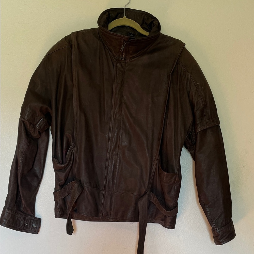Men's Brown Leather Jacket - Classic Zip Front Funnel Neck.